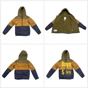 Falls Creek Boy’s 5 Puffer Jacket Coat Color Block Hood Blue Green Gold NWT